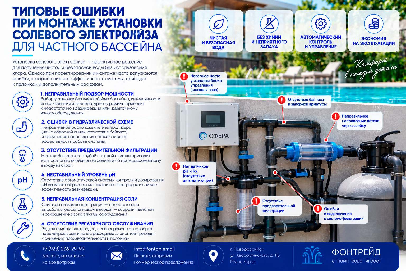 Типовые ошибки при монтаже установки солевого электролиза для частного бассейна 4 Типовые ошибки при монтаже установки солевого электролиза для частного бассейна